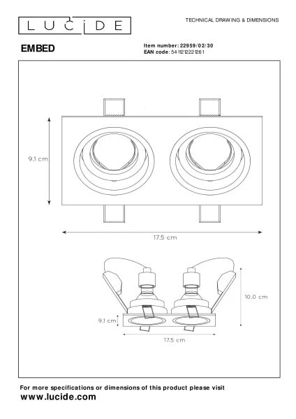 Lucide EMBED - Einbaustrahler - 2xGU10 - Schwarz - TECHNISCH